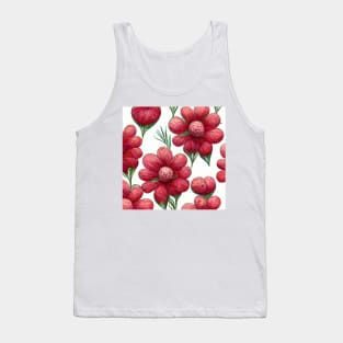 Puffy red and pink 3D flowers in a pattern with green stems on a white background. Tank Top